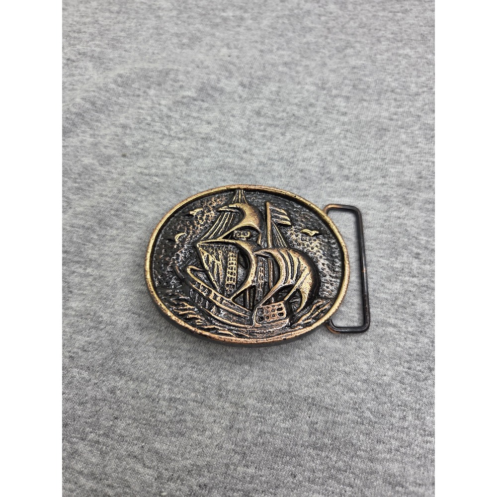 Vintage Solid Brass Clipper Sailing Ship Round Belt Buckle Sea